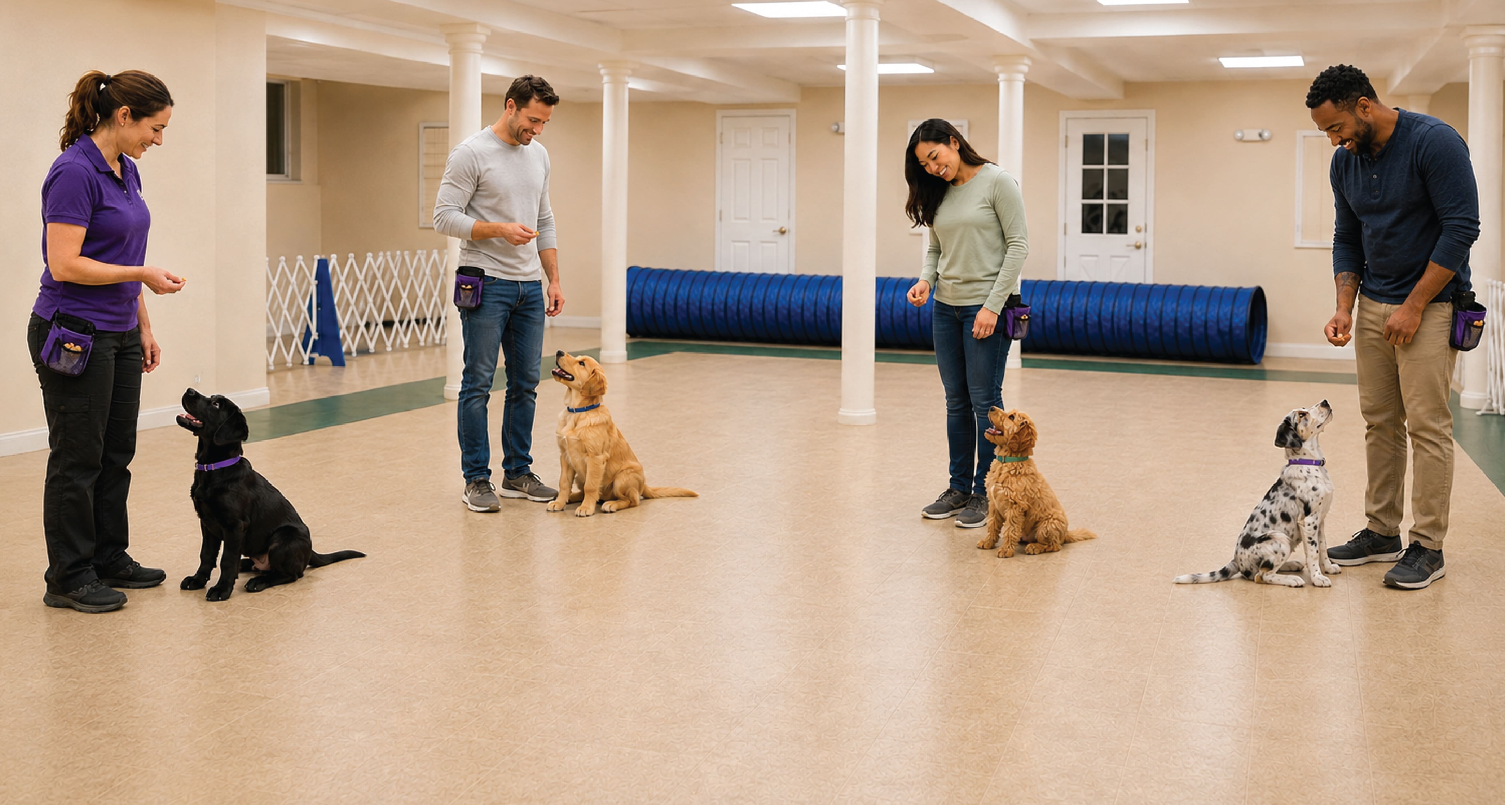 Professional dog trainers working with dogs during an indoor obedience training session