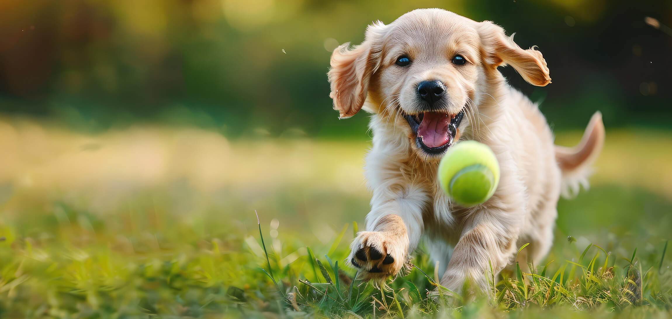 happy dog running in field of grass