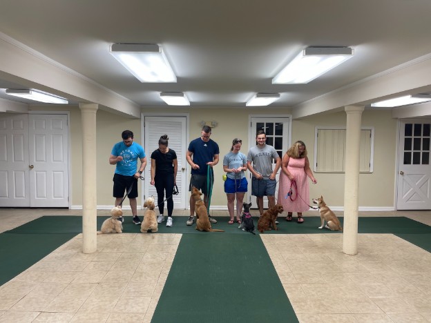 Proud dog owners with their pets at a training class graduation ceremony