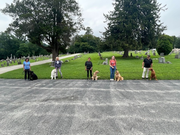 Proud dog owners with their pets at a training class graduation ceremony
